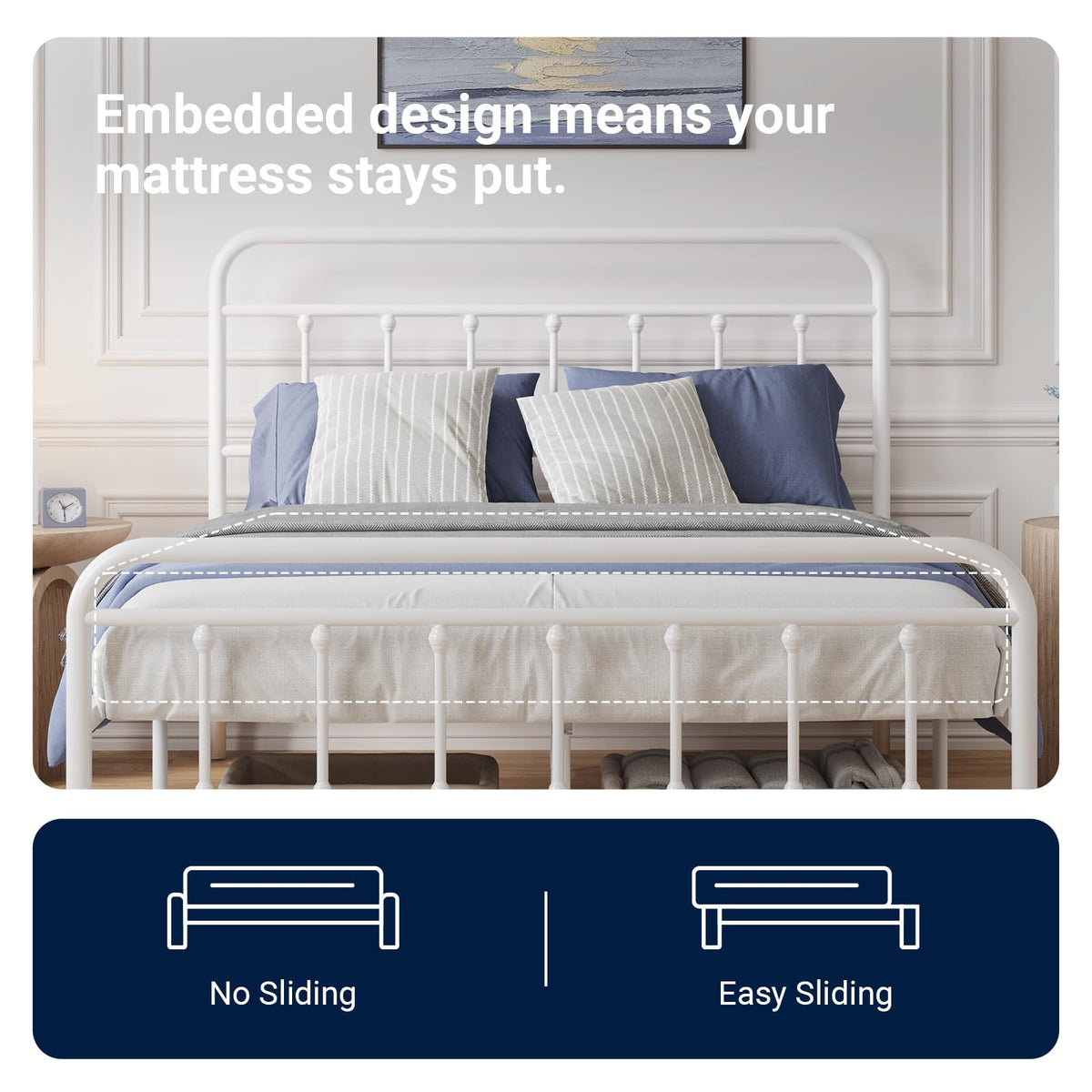 Full Size White Metal Platform Bed Frame with Headboard V9073