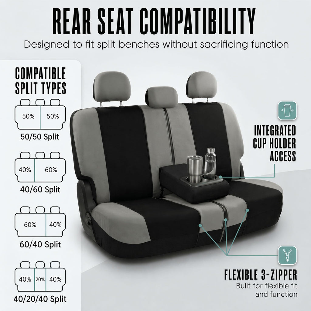 Gray Black Universal Fit Automotive Seat Covers Combo Set with Steering Wheel Cover and Seat Belt Pad O7424