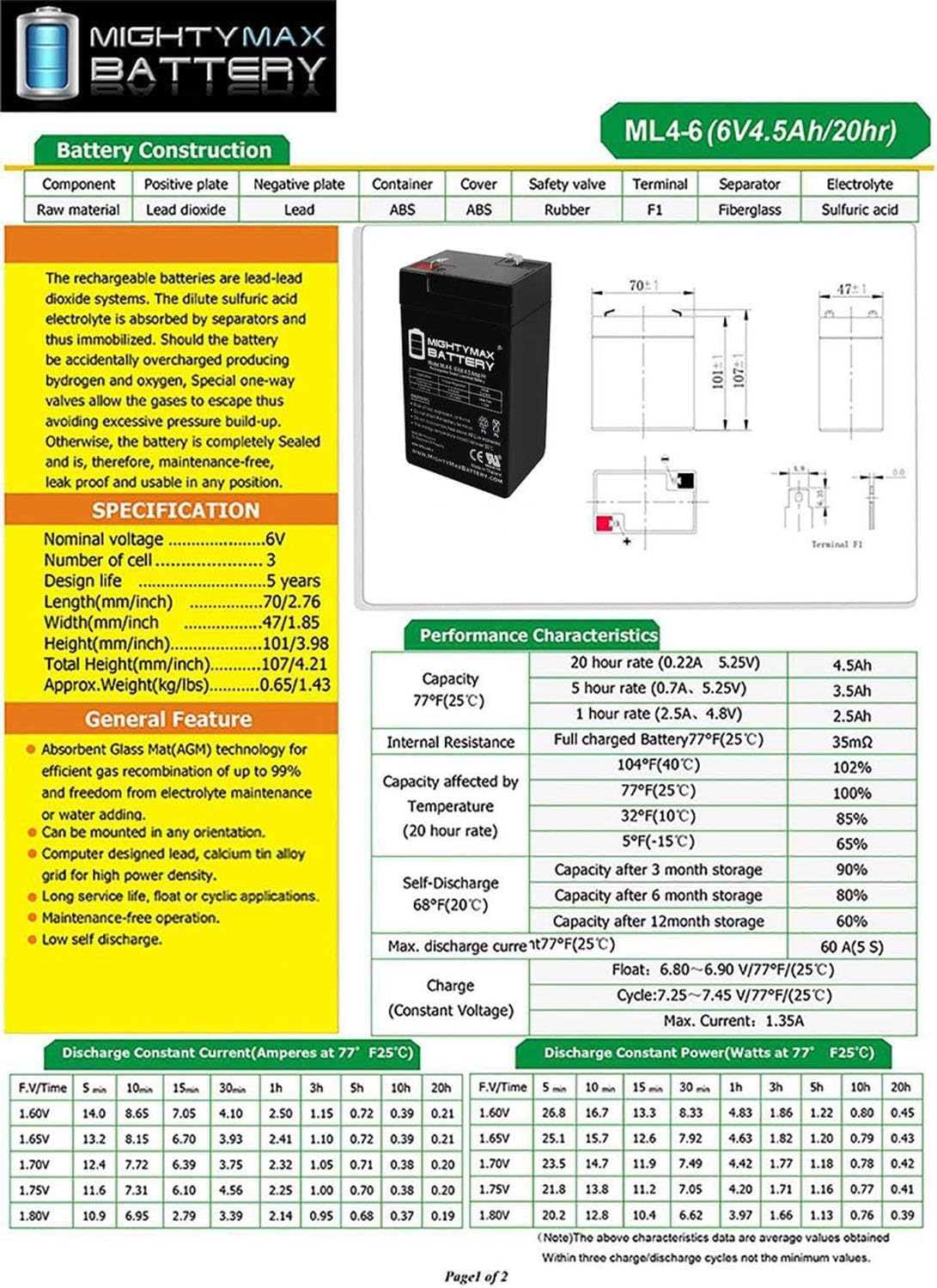 6V 4.5AH Replacement Battery 2 Pack A181811