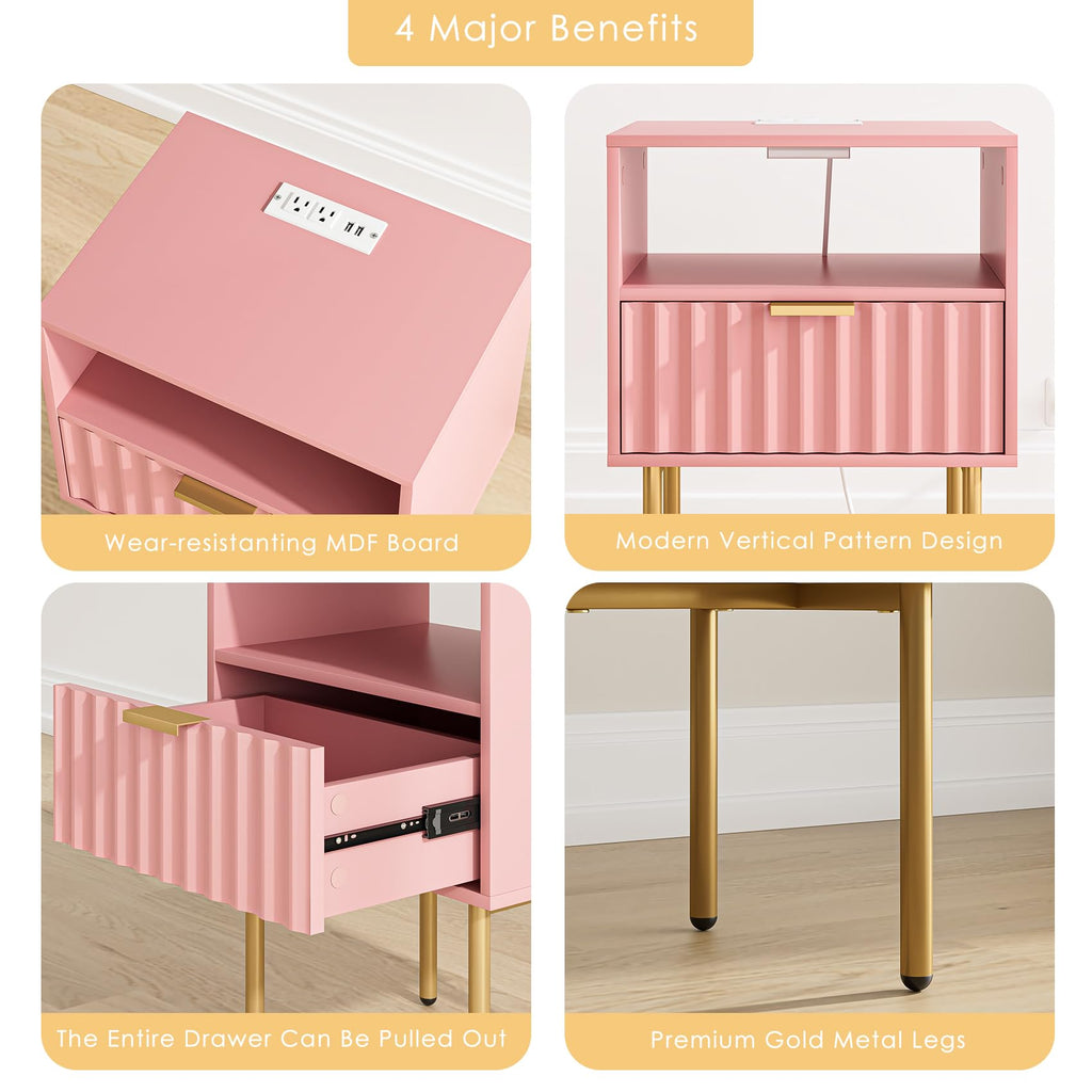 Pink Fluted Nightstand with Charging Station S233507