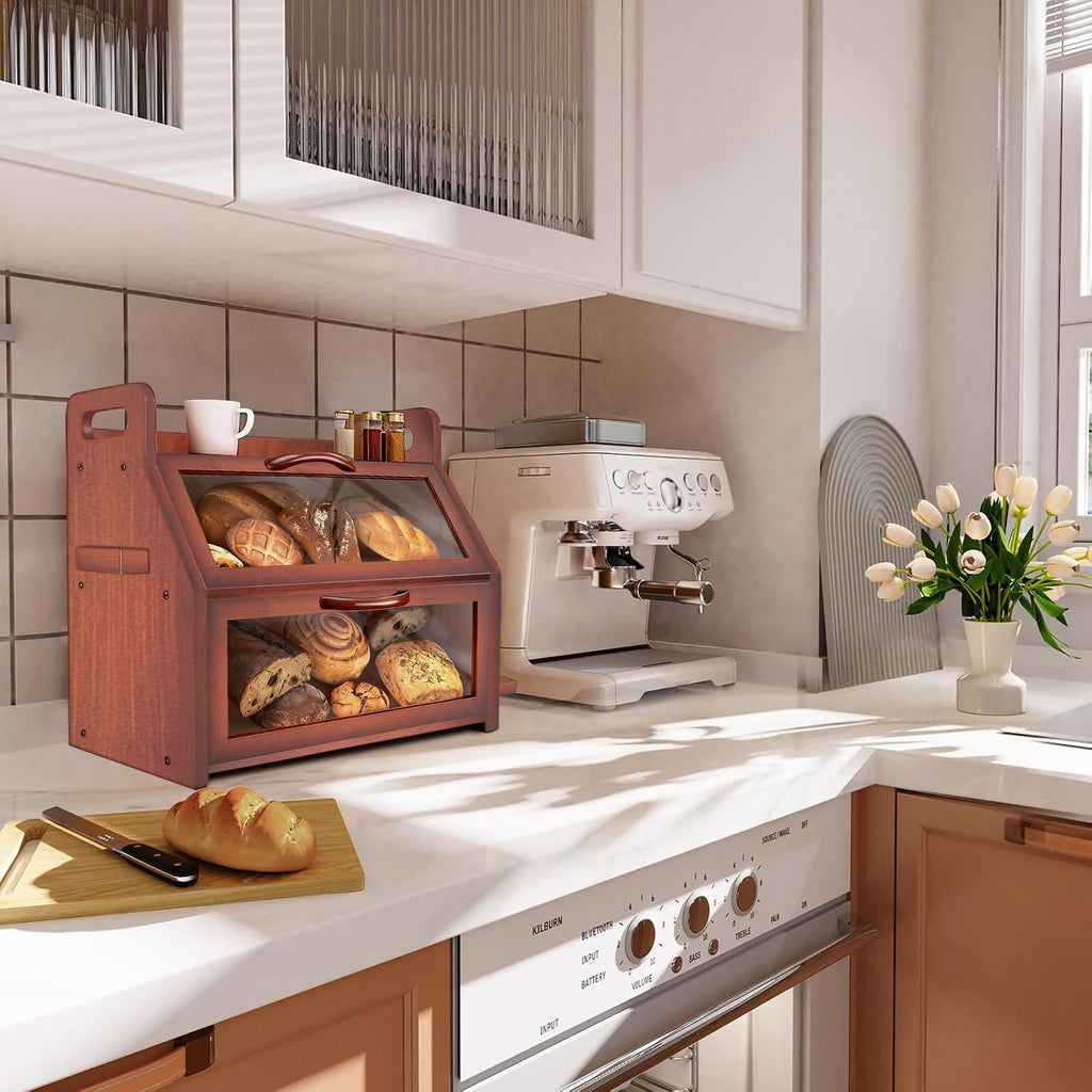 Large Double Layer Bamboo Bread Box with Clear Window P7122