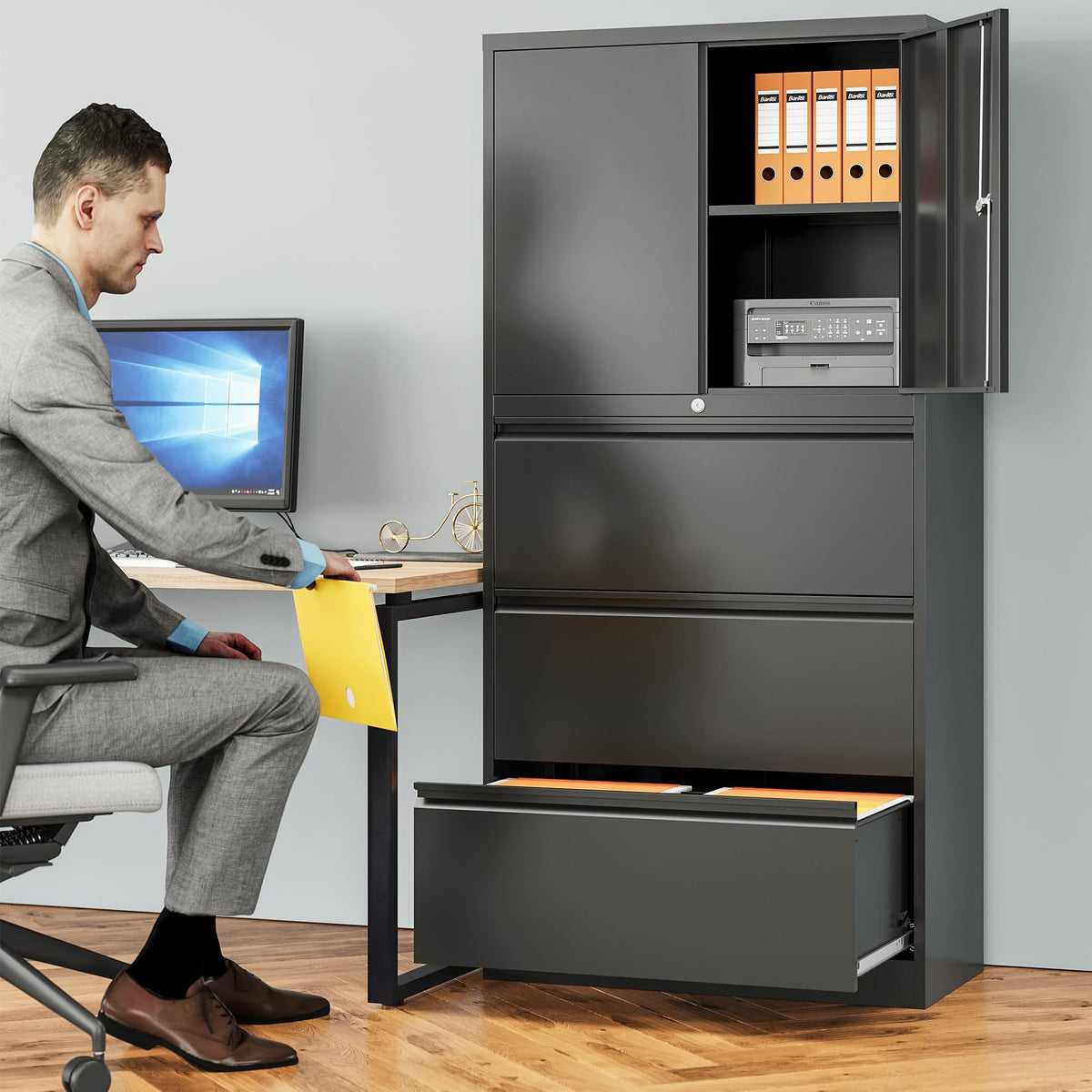 Black 3 Drawer Metal File Cabinet with Lock and Shelf G93361