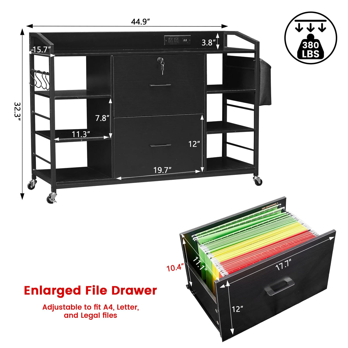 45" Black 2 Drawer File Cabinet with Lock and Power Outlet Z7654