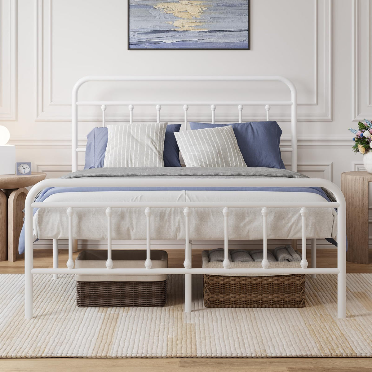 Full Size White Metal Platform Bed Frame with Headboard V9073