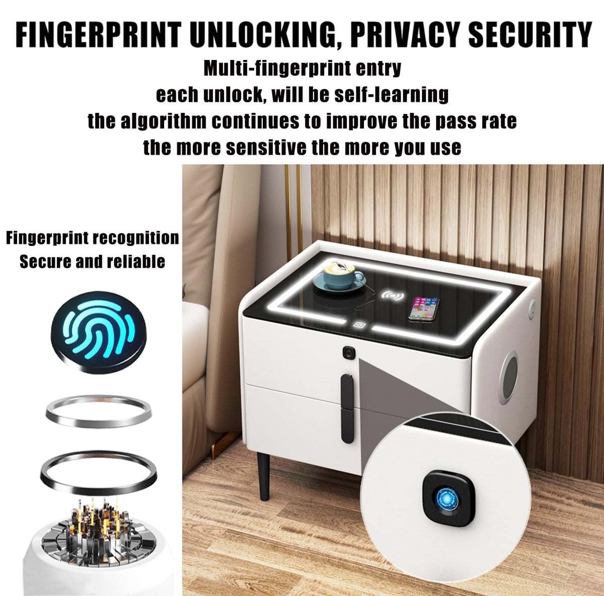 Khaki 3 Drawer Smart Nightstand with Wireless Charging M89803