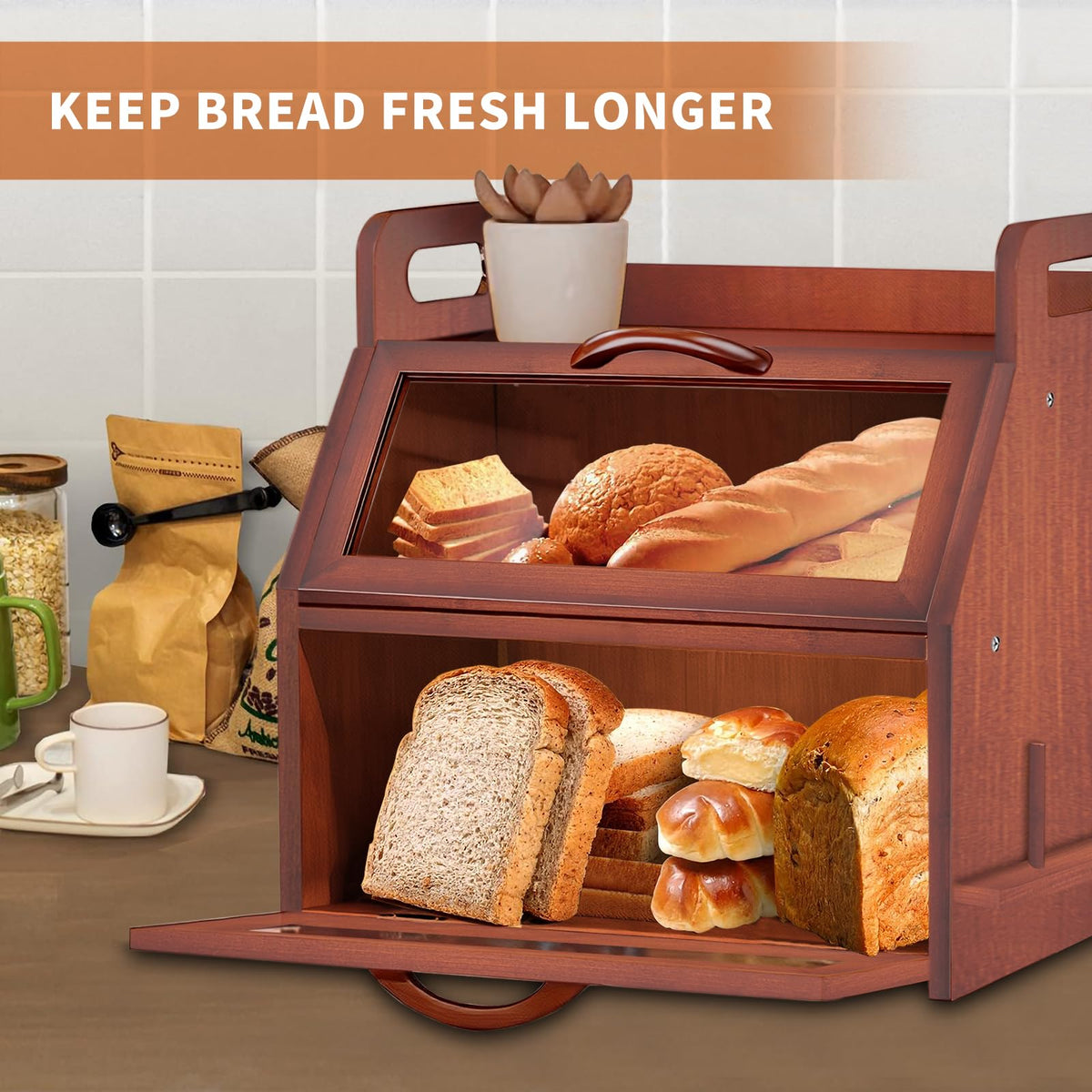 Large Double Layer Bamboo Bread Box with Clear Window P7122