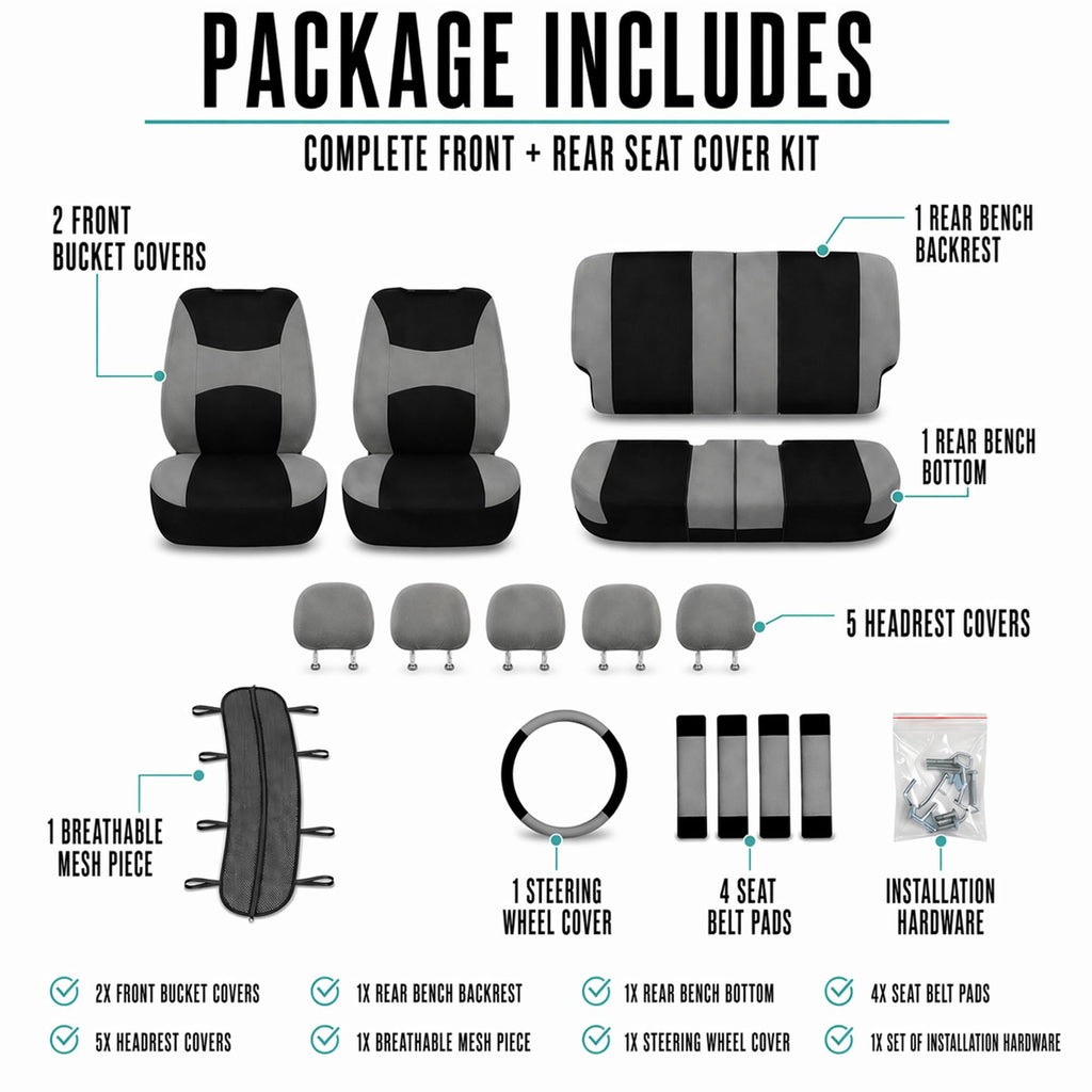 Gray Black Universal Fit Automotive Seat Covers Combo Set with Steering Wheel Cover and Seat Belt Pad O7424