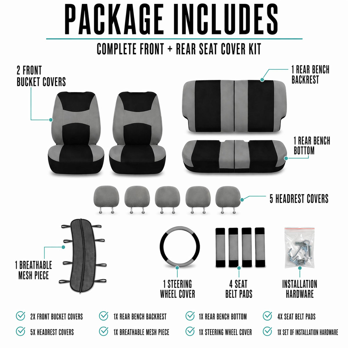 Gray Black Universal Fit Automotive Seat Covers Combo Set with Steering Wheel Cover and Seat Belt Pad O7424