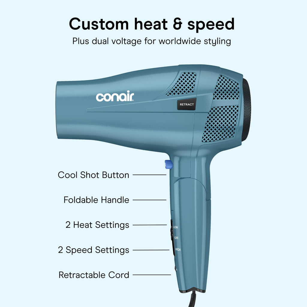Blue 1875W Dual Voltage Folding Travel Hair Dryer N12593