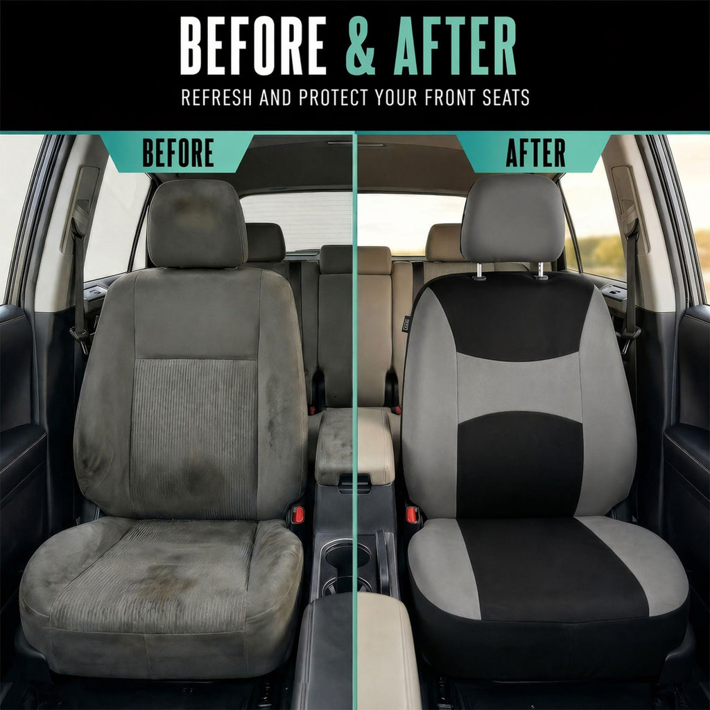 Gray Black Universal Fit Automotive Seat Covers Combo Set with Steering Wheel Cover and Seat Belt Pad O7424