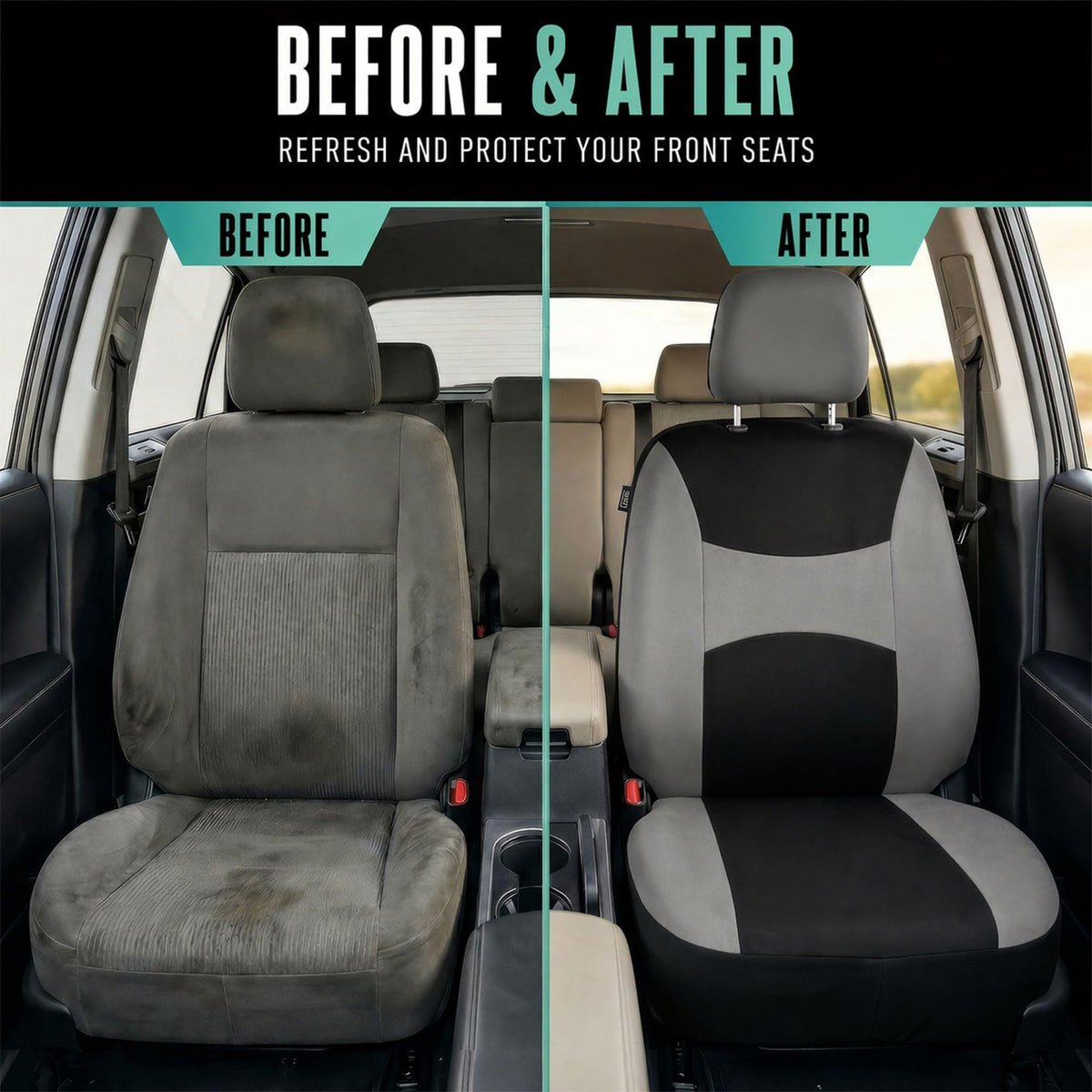 Gray Black Universal Fit Automotive Seat Covers Combo Set with Steering Wheel Cover and Seat Belt Pad O7424