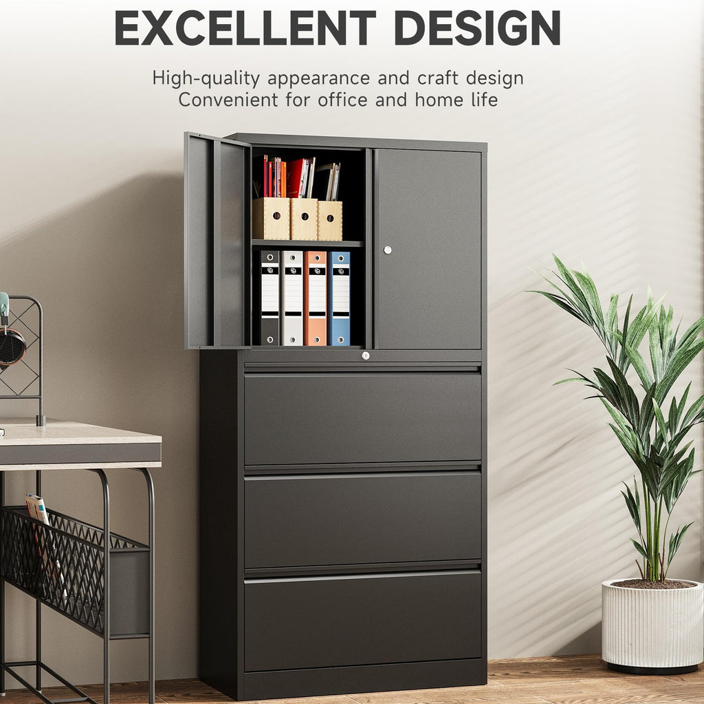 Black 3 Drawer Metal File Cabinet with Lock and Shelf G93361