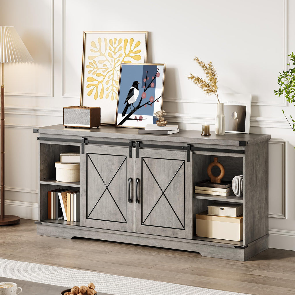 Farmhouse TV Stand with Storage Cabinets & Sliding Barn Door E236236