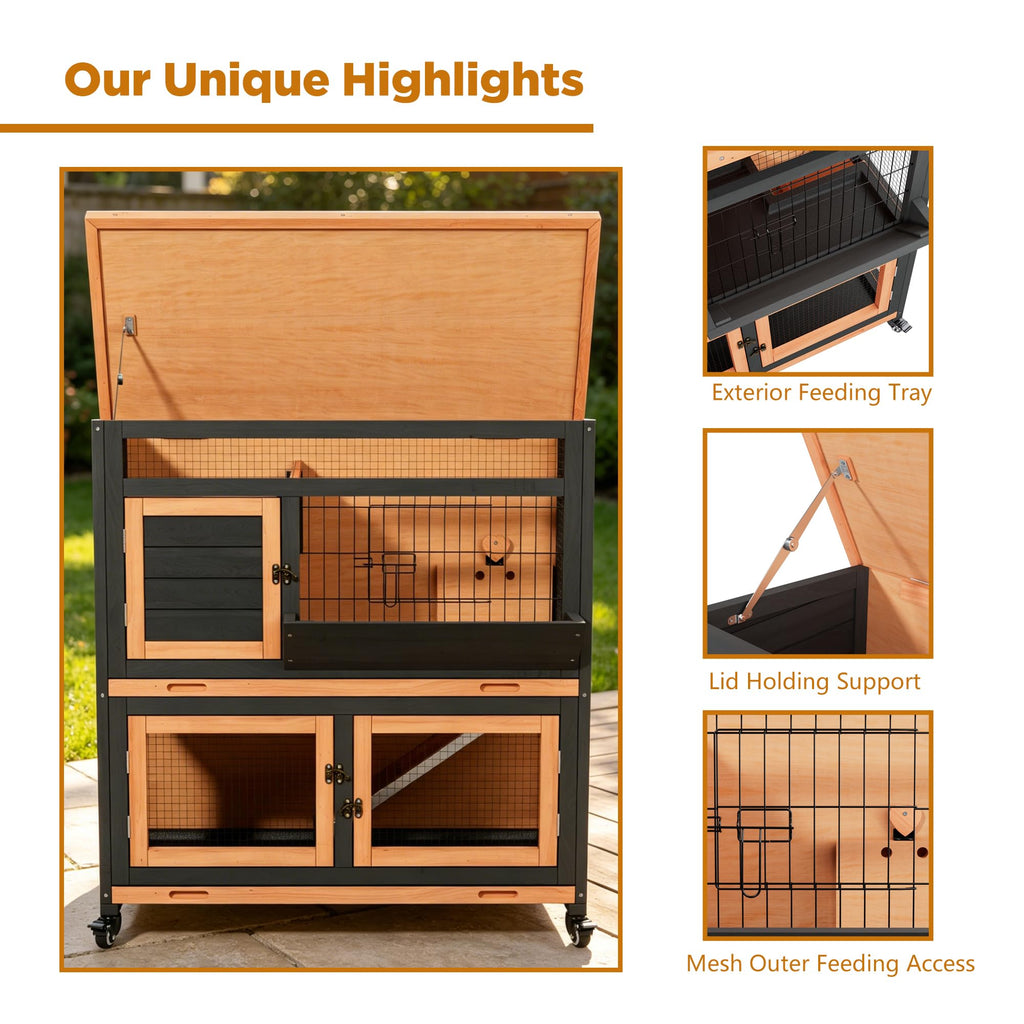 2-Tier Wooden Rabbit Hutch with Wheels Z452208