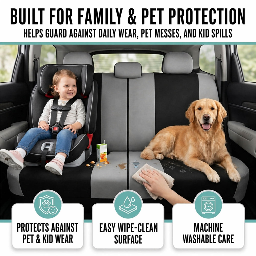 Gray Black Universal Fit Automotive Seat Covers Combo Set with Steering Wheel Cover and Seat Belt Pad O7424