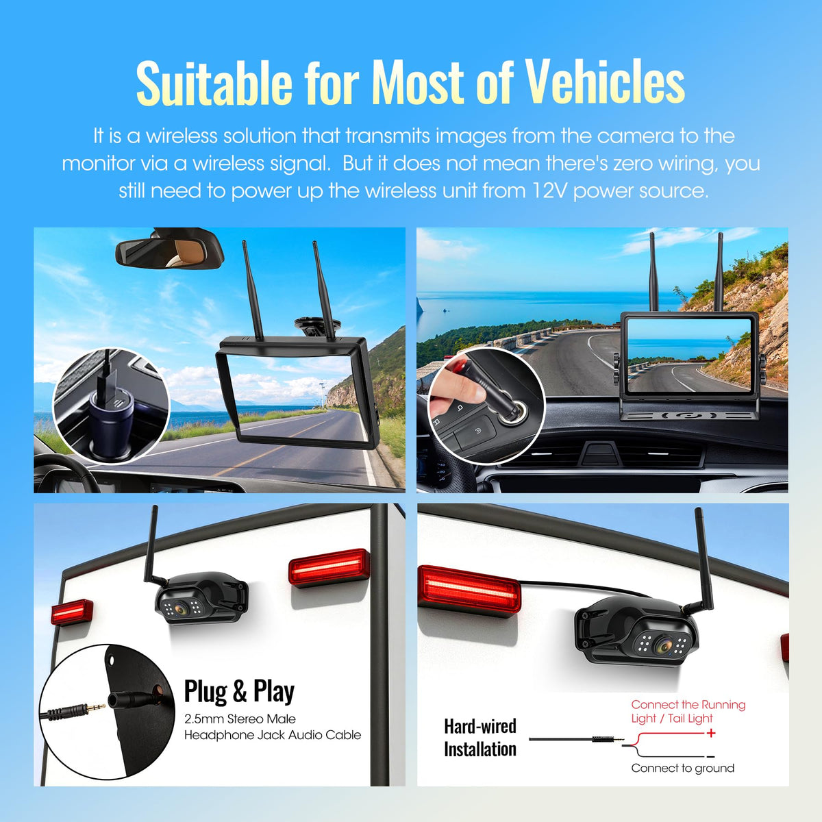 7" Wireless Backup Camera System with DVR Split Screen Monitor D7654