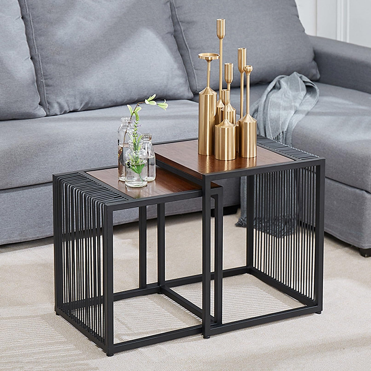 Set of 2 Square Nesting Coffee Table with Metal Frame F32231