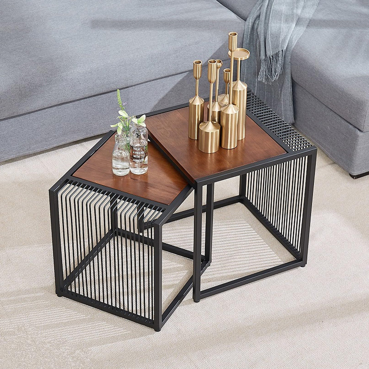 Set of 2 Square Nesting Coffee Table with Metal Frame F32231