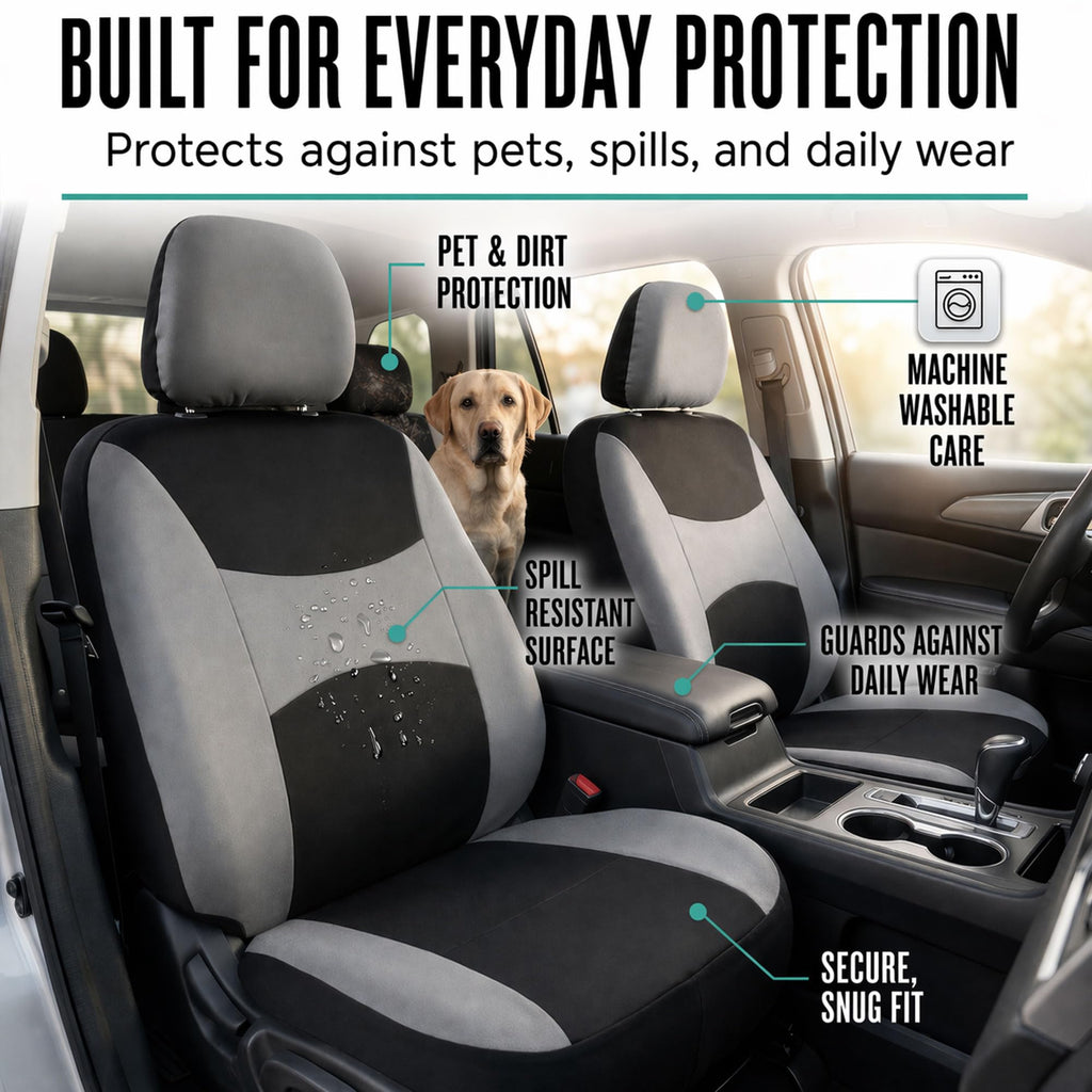 Gray Black Universal Fit Automotive Seat Covers Combo Set with Steering Wheel Cover and Seat Belt Pad O7424