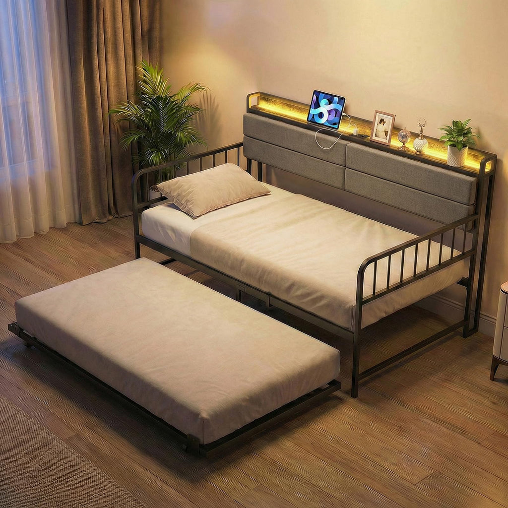 Twin Size Metal Daybed with Trundle and LED Light S6329