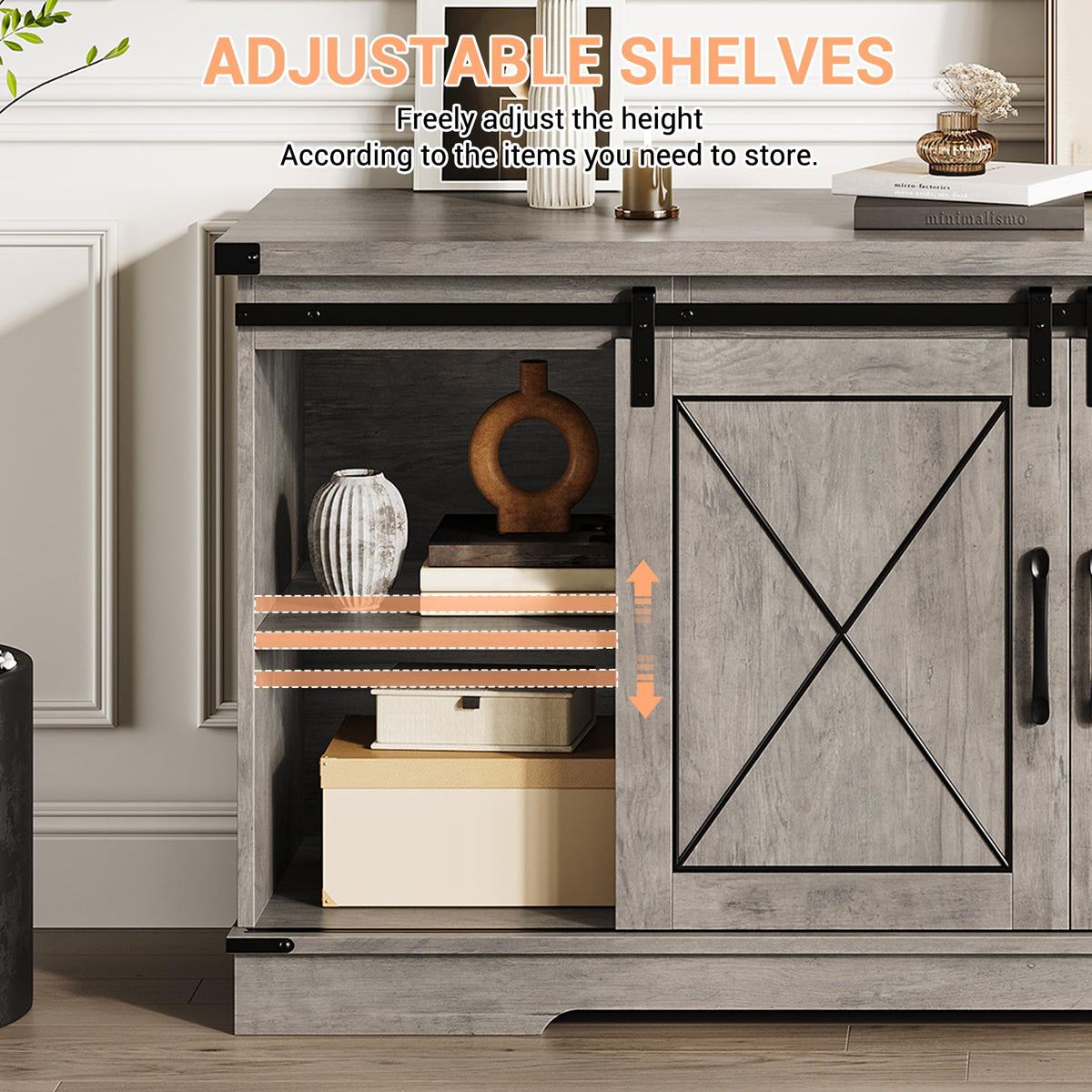 Farmhouse TV Stand with Storage Cabinets & Sliding Barn Door E236236