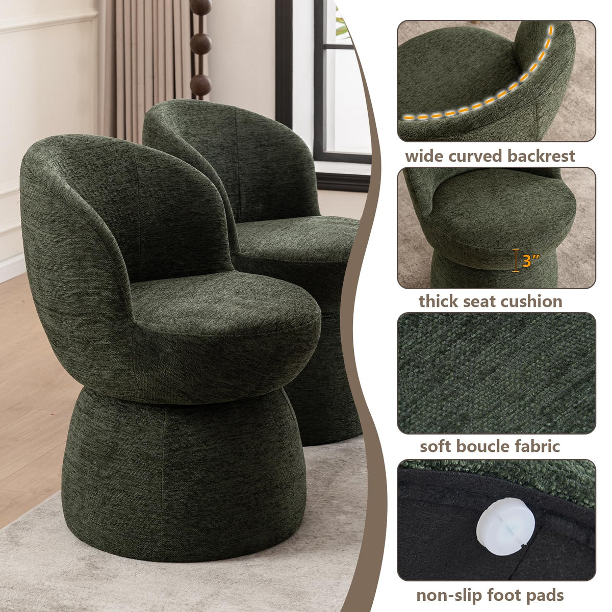 Green Boucle Fabric Swivel Accent Chair Set of 2 R874545