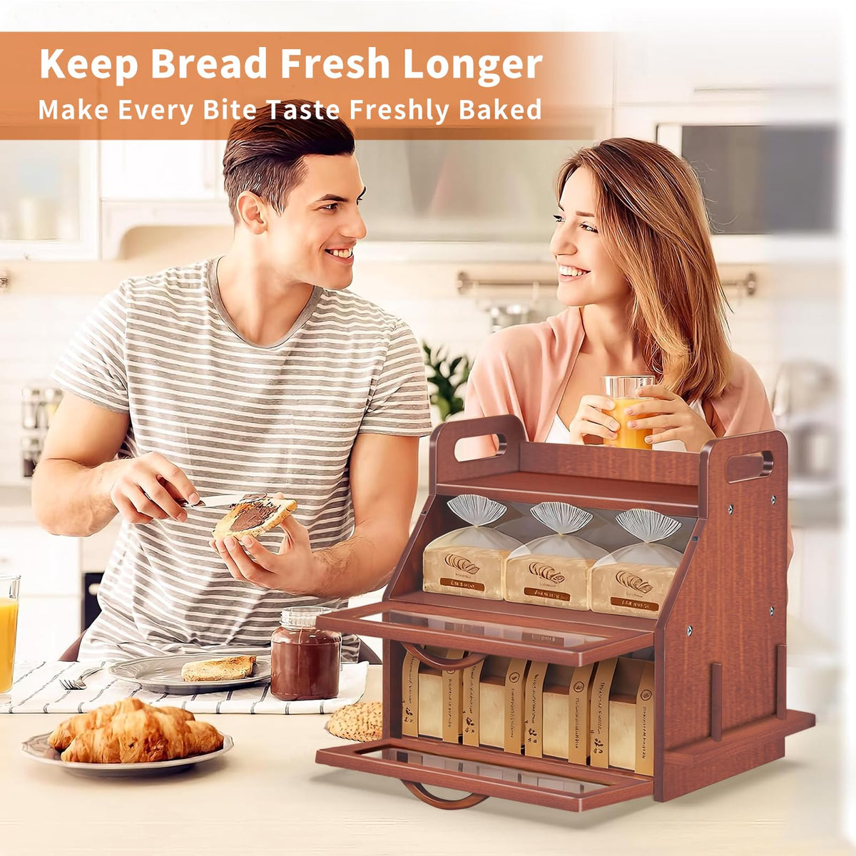 Large Double Layer Bamboo Bread Box with Clear Window P7122