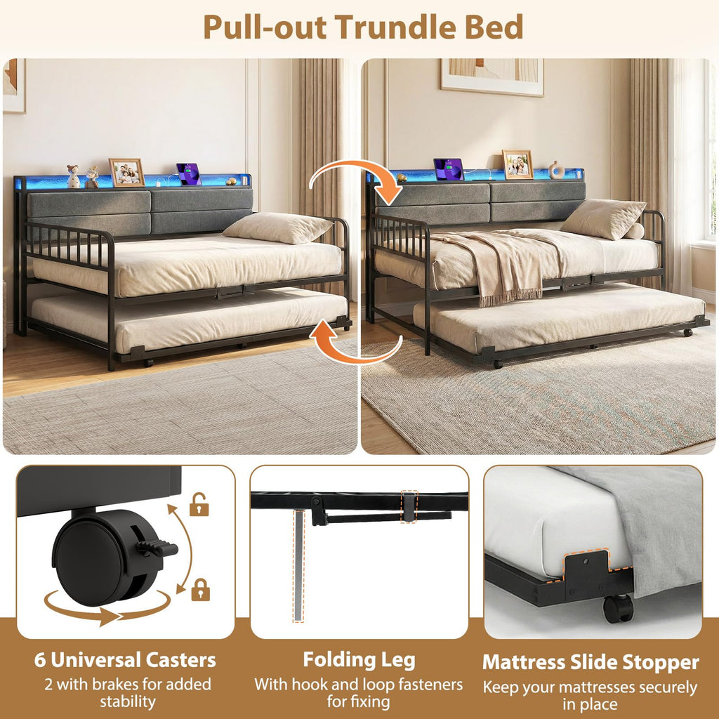 Twin Size Metal Daybed with Trundle and LED Light S6329