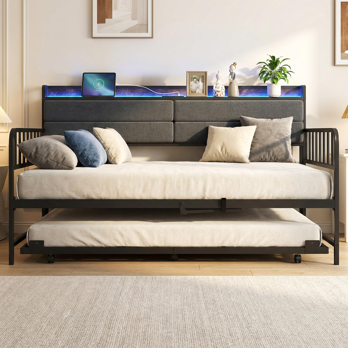 Twin Size Metal Daybed with Trundle and LED Light S6329