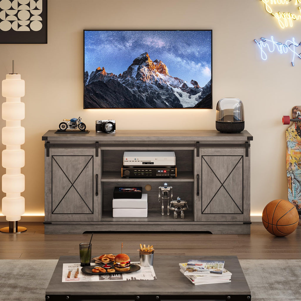 Farmhouse TV Stand with Storage Cabinets & Sliding Barn Door E236236