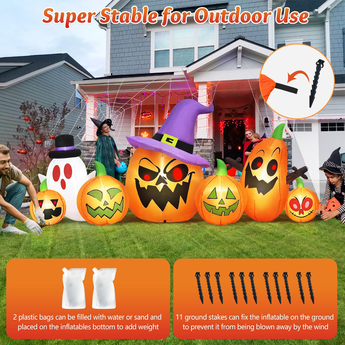 8FT Halloween Inflatables Pumpkin Witch Hat & Ghost Combo F8067