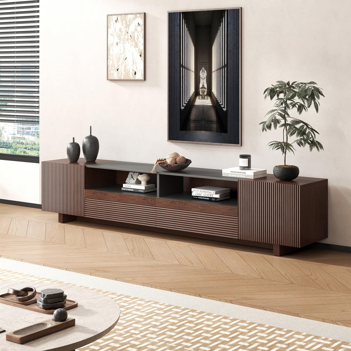 78.8 Inch Dark Brown Walnut TV Stand with Storage D652642