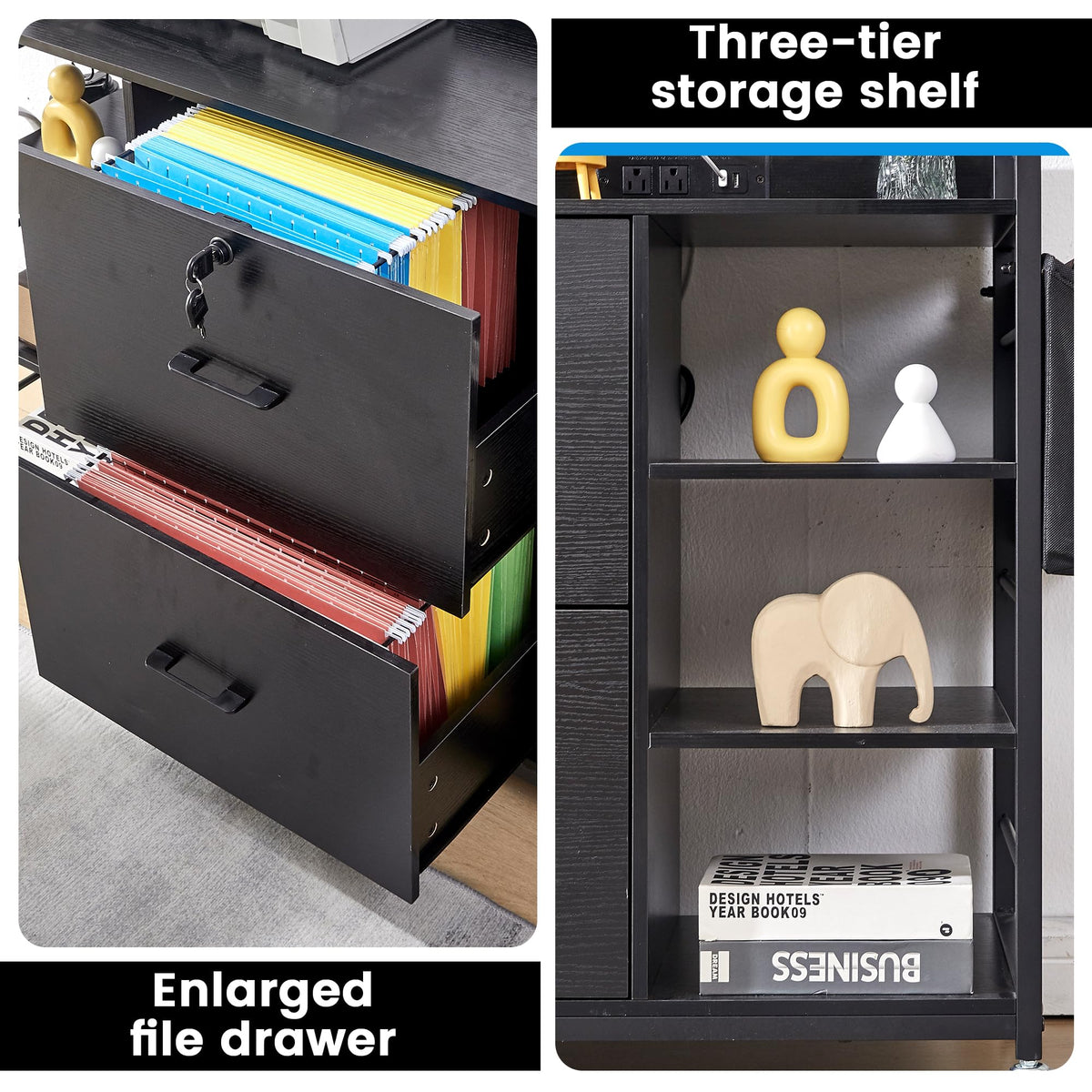 45" Black 2 Drawer File Cabinet with Lock and Power Outlet Z7654