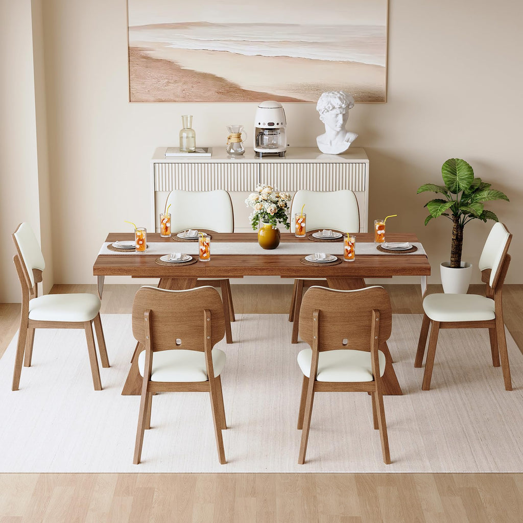 71" 7 Piece Wood Dining Table Set with 6 PU Leather Chairs G833