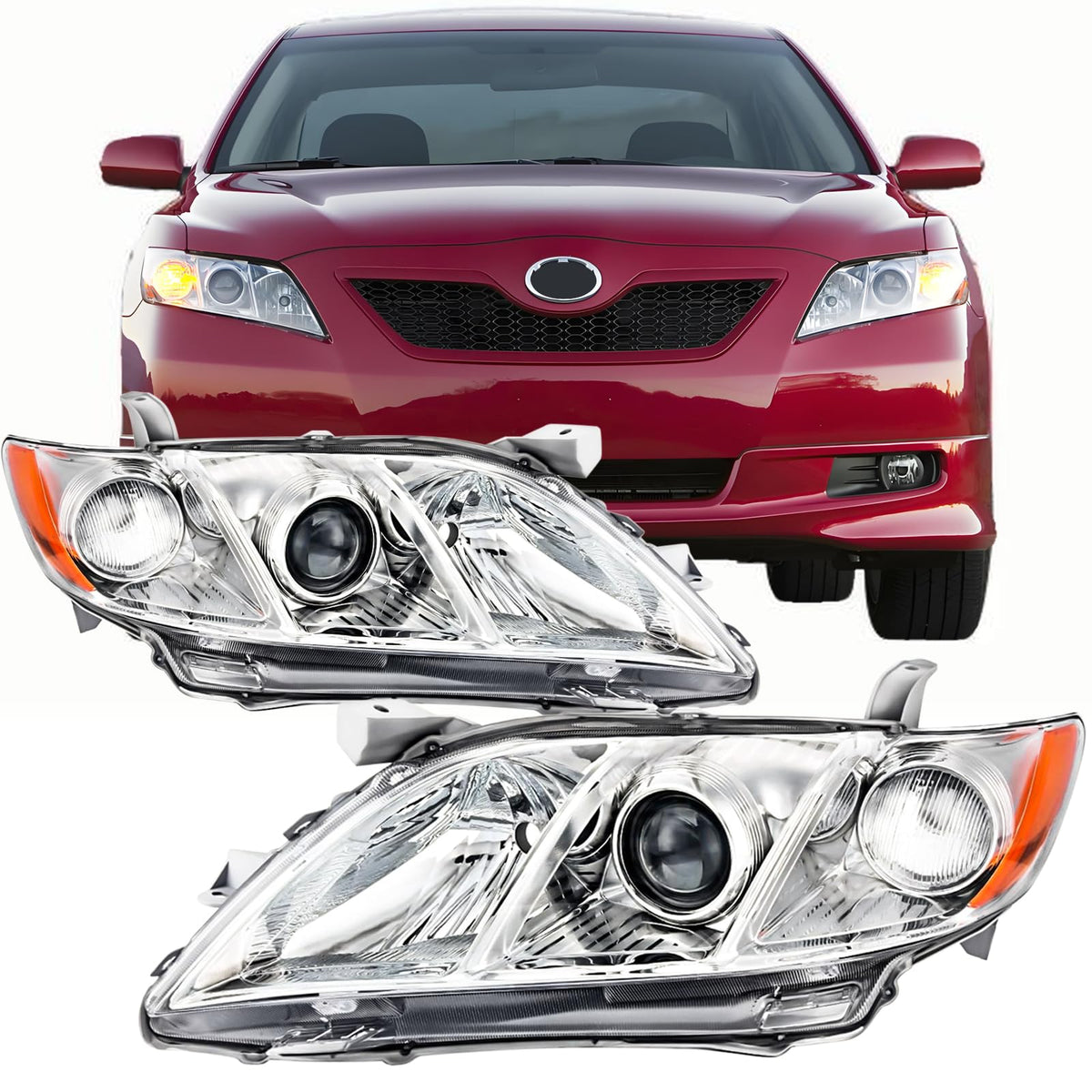 Headlights Assembly for 2007 2008 2009 Toyota Camry Chrome Housing Clear Lens Q148703