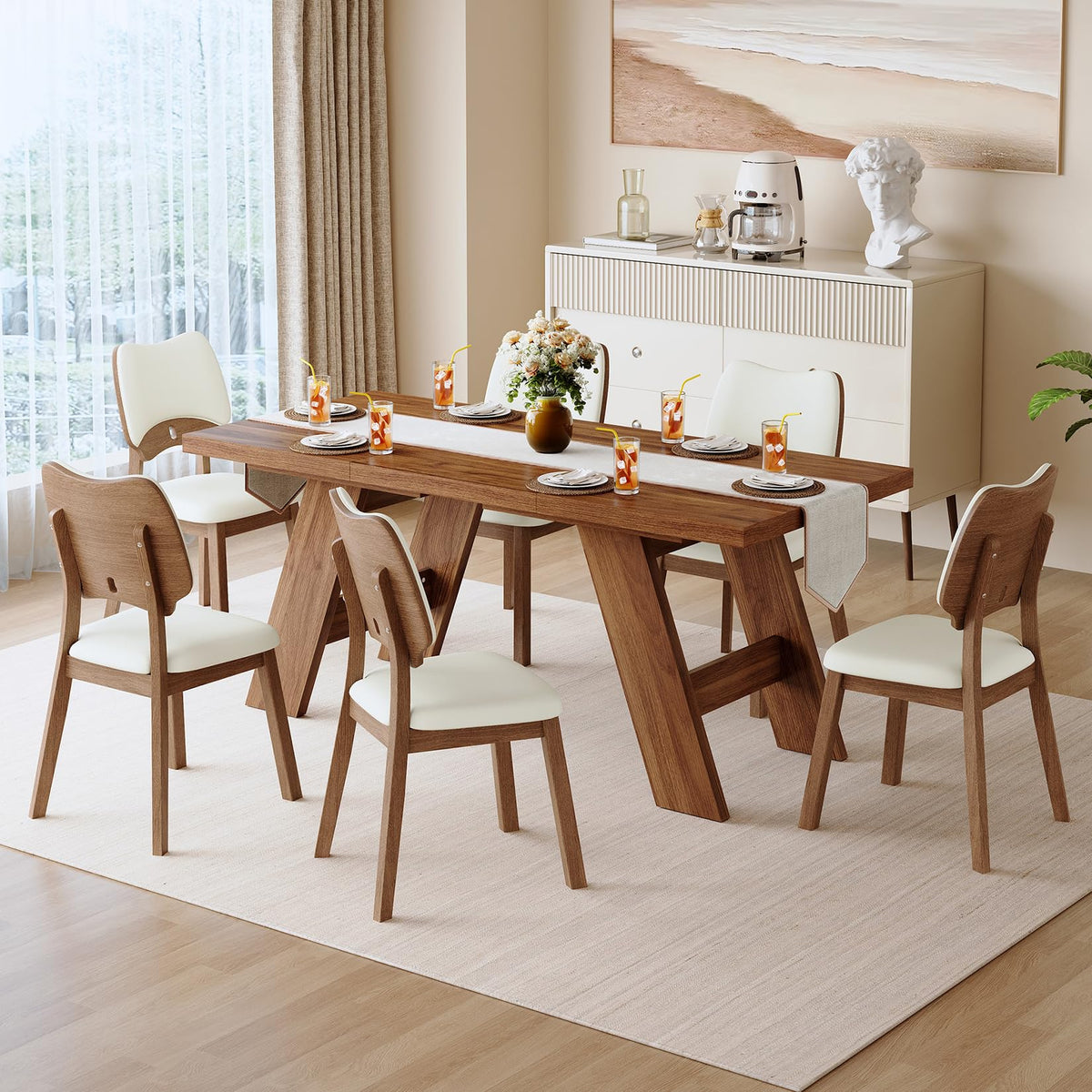 71" 7 Piece Wood Dining Table Set with 6 PU Leather Chairs G833