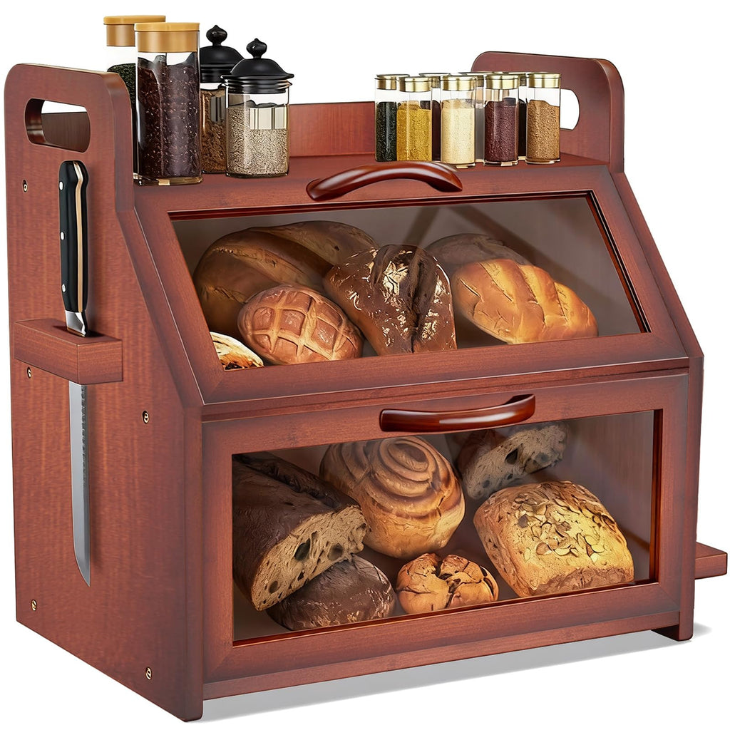 Large Double Layer Bamboo Bread Box with Clear Window P7122