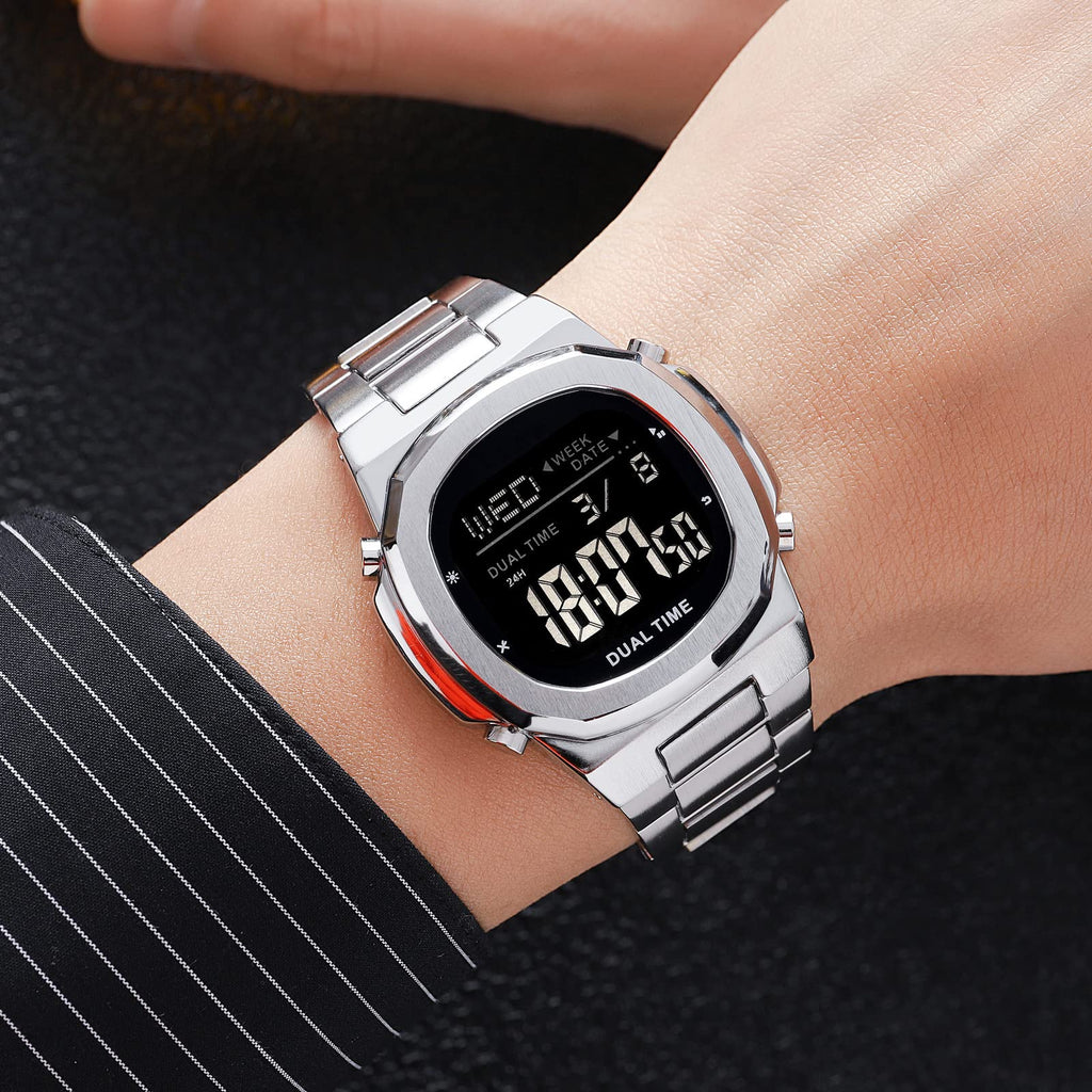 Men's Multifunctional Electronic Outdoor Sports Watch EL Light Large Digital Display Stainless Steel Q3965