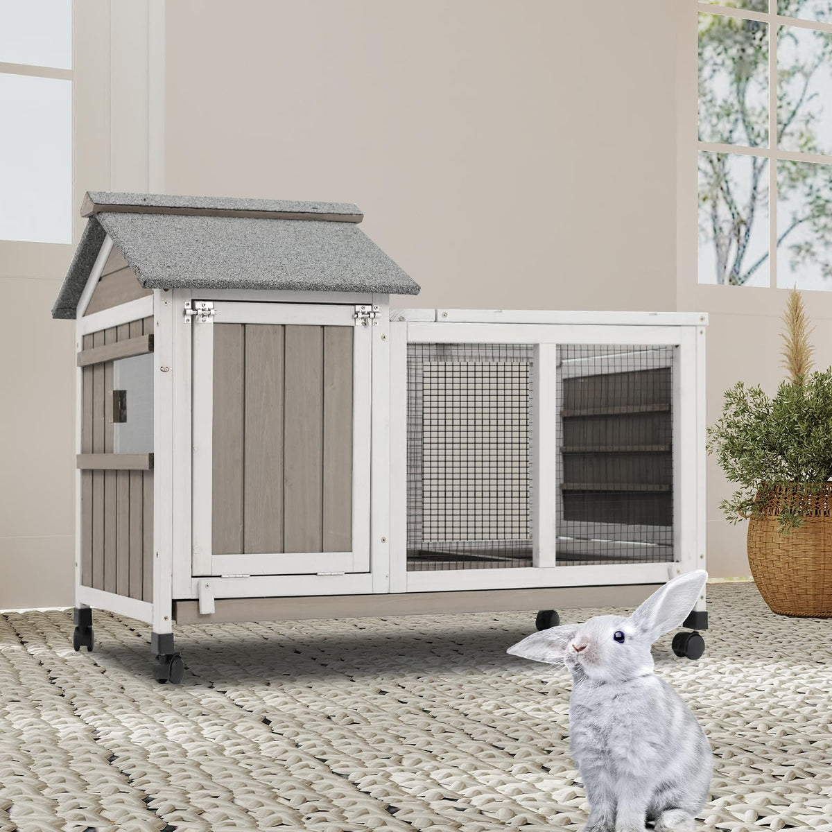 38.19"L Wooden Rabbit Hutch with 4 Wheels and Pull Out Tray C6837
