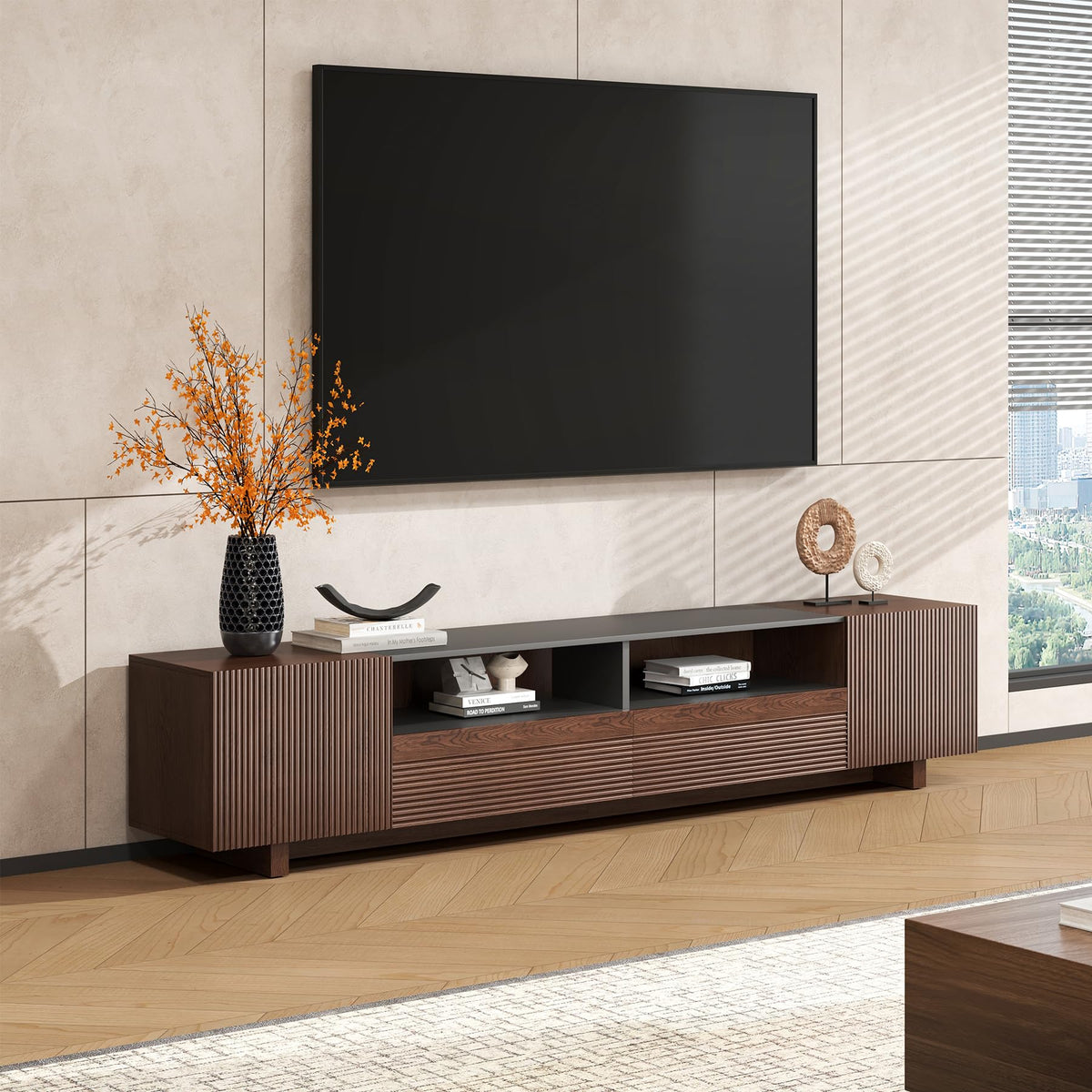 78.8 Inch Dark Brown Walnut TV Stand with Storage D652642