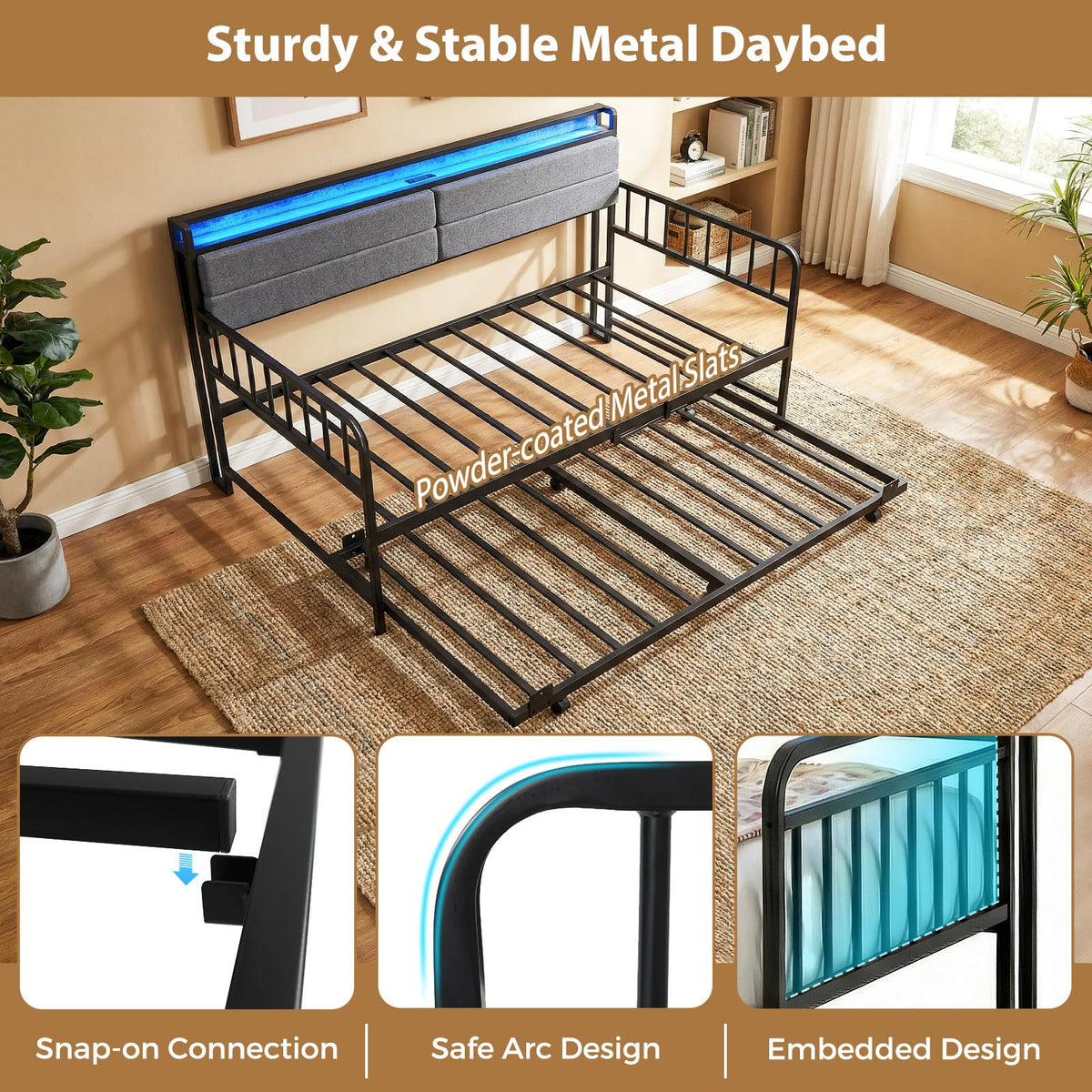 Twin Size Metal Daybed with Trundle and LED Light S6329
