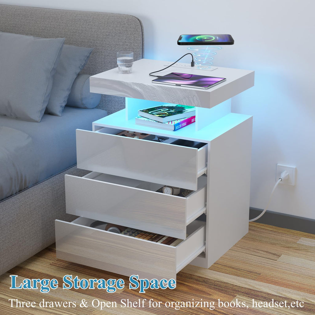 White 3 Drawer Nightstand with Charging Station and LED Light O889700