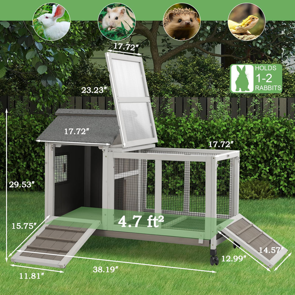 38.19"L Wooden Rabbit Hutch with 4 Wheels and Pull Out Tray C6837