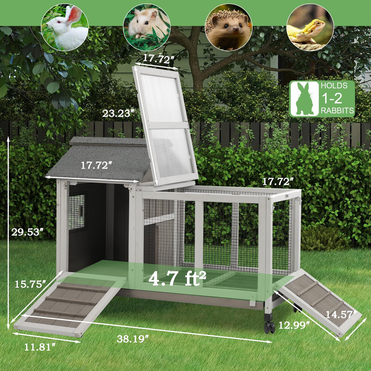 38.19"L Wooden Rabbit Hutch with 4 Wheels and Pull Out Tray C6837
