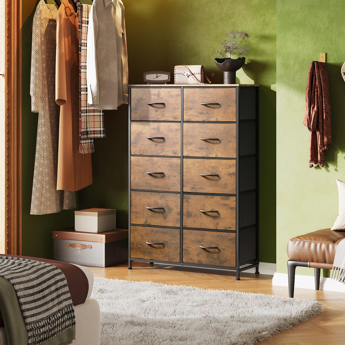 Rustic Brown Wood Grain Print Tall Dresser P292