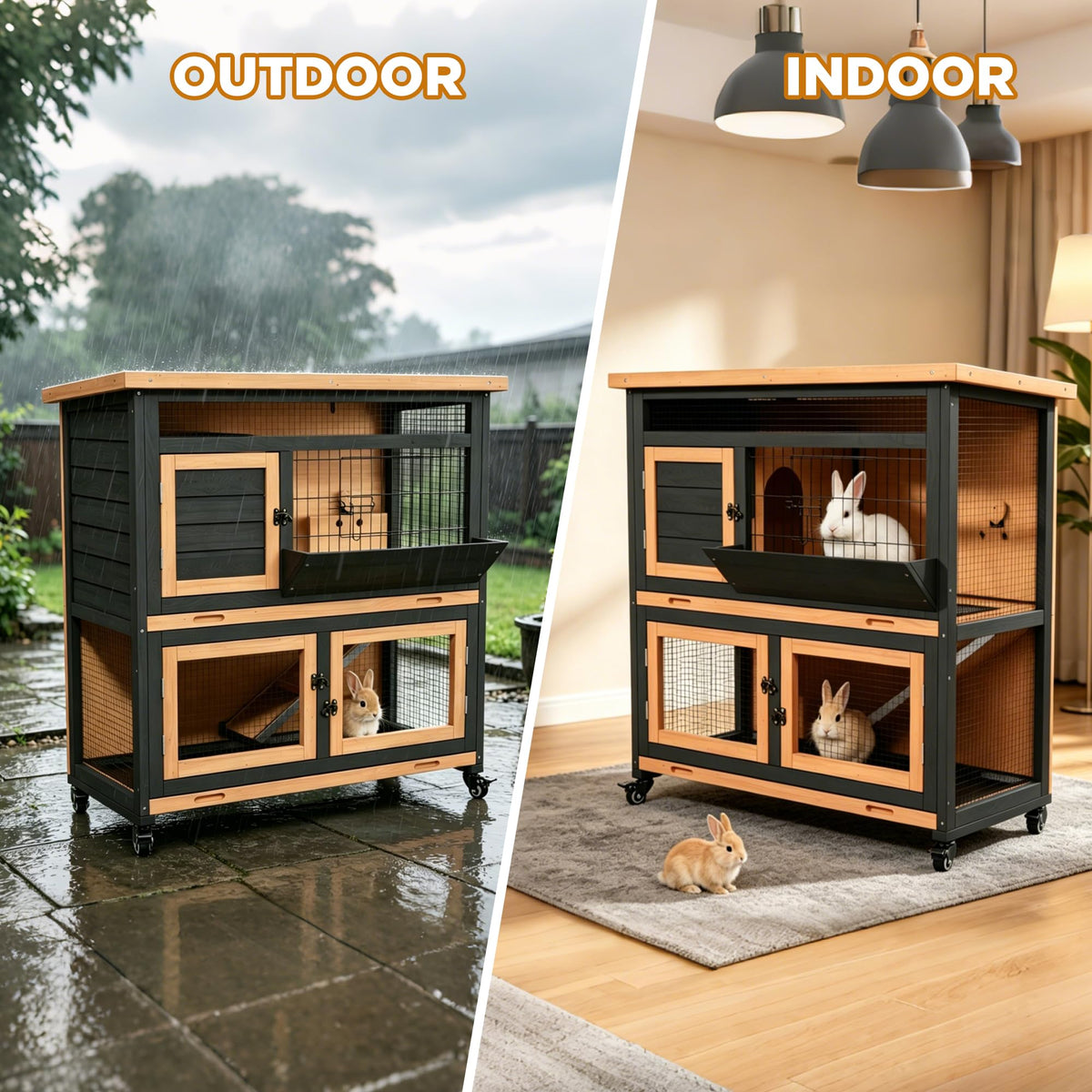 2-Tier Wooden Rabbit Hutch with Wheels Z452208
