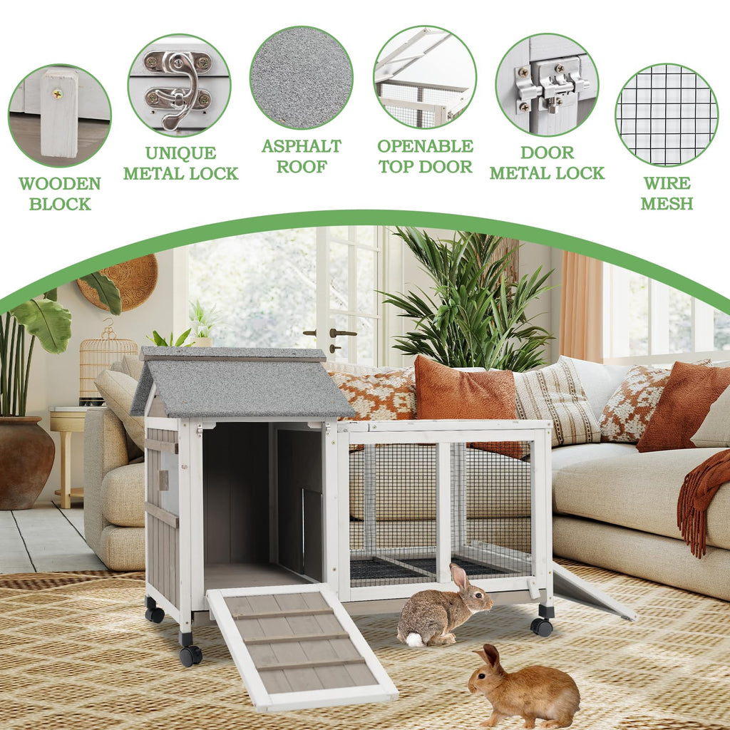 38.19"L Wooden Rabbit Hutch with 4 Wheels and Pull Out Tray C6837