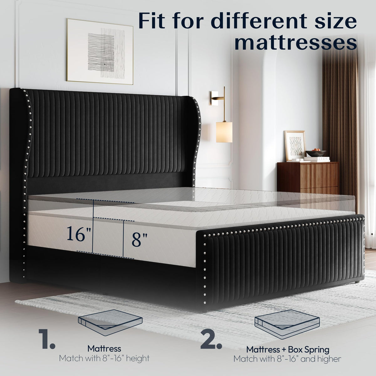 Queen Size Bed Frame with 55" Headboard Black I643