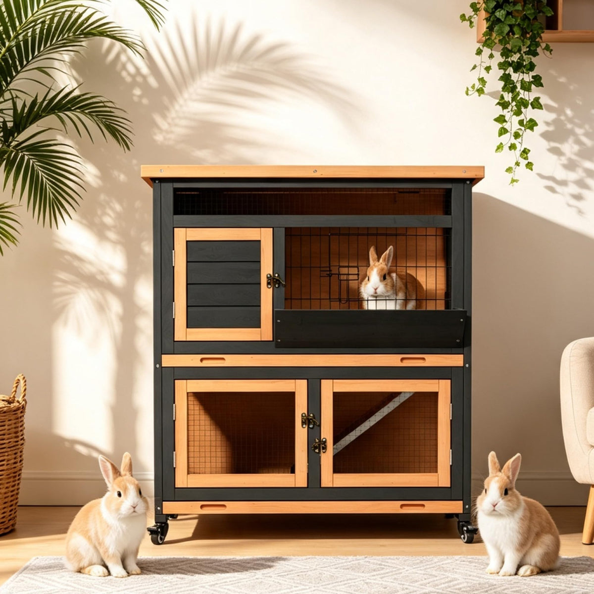 2-Tier Wooden Rabbit Hutch with Wheels Z452208
