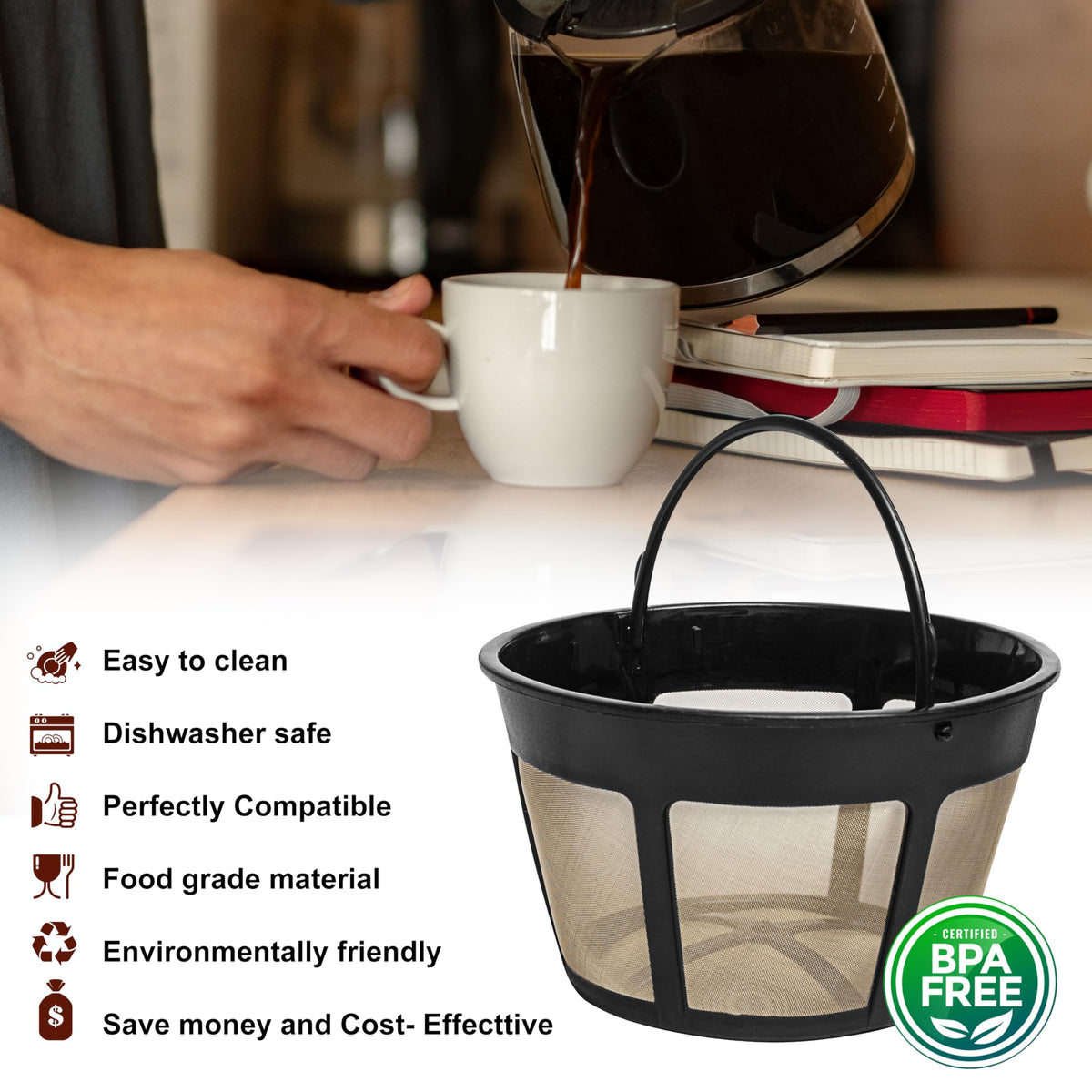 8-12 Cup Reusable Coffee Filter Basket with Mesh Bottom C808484